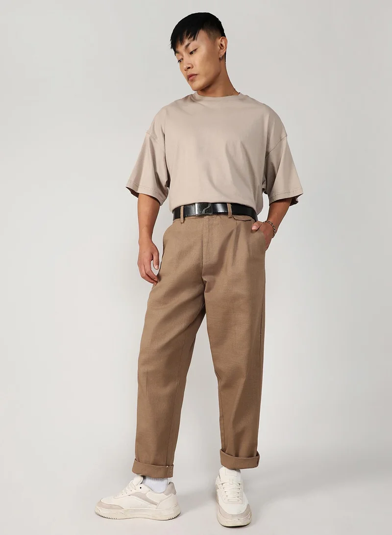 CAHOOT  Men's Camel Brown Tailored Linen-Blend Trousers For Casual Wear | 4 Pockets | Mid- Rise | Button Closure | Trousers Crafted With Comfort Fit For Everyday Wear for Men | Best Price UAE